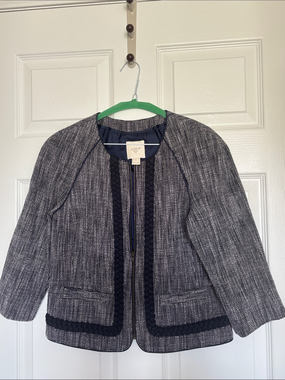 J. Crew Navy and White Tweed Collarless Blazer